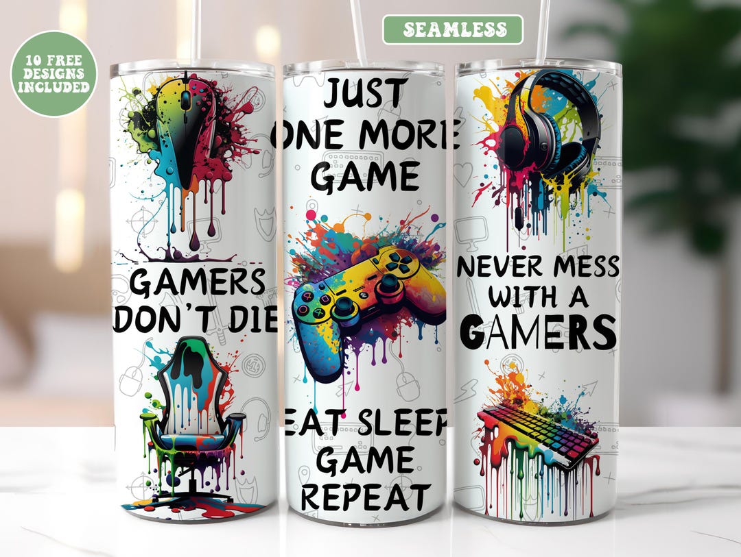 Watercolor Gamer Tumbler Wrap PNG 20 Oz Skinny Seamless Design Fun ...