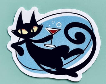 Wine Cat Small Retro Midcentury Cat 2" Vinyl Glossy Sticker