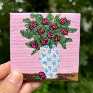 Mini Floral Painting, 3x3 Hand-Painted Pink Vase Art on Canvas, Original Tiny Flower Artwork
