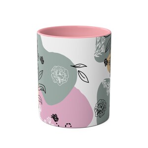 Floral Ceramic Coffee Mug: Pink Handle, Abstract Botanical Design image 3