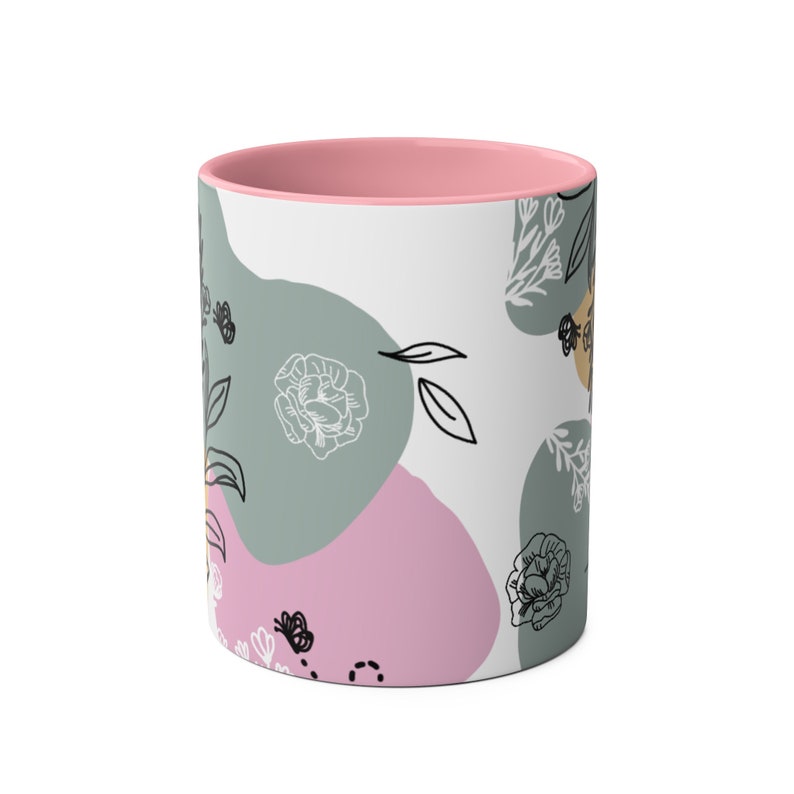 Floral Ceramic Coffee Mug: Pink Handle, Abstract Botanical Design image 3