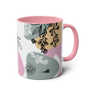 Floral Ceramic Coffee Mug: Pink Handle, Abstract Botanical Design image 4
