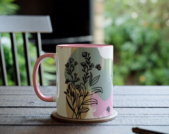 Floral Ceramic Coffee Mug: Pink Handle, Abstract Botanical Design