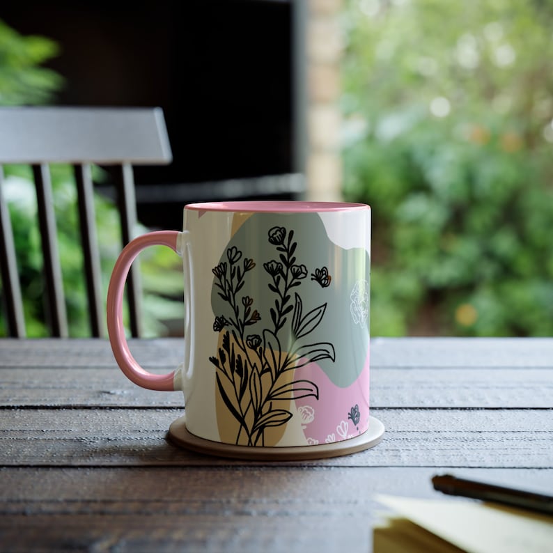 Floral Ceramic Coffee Mug: Pink Handle, Abstract Botanical Design image 1
