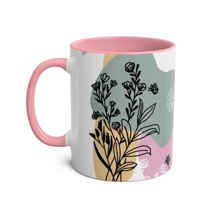 Floral Ceramic Coffee Mug: Pink Handle, Abstract Botanical Design image 2