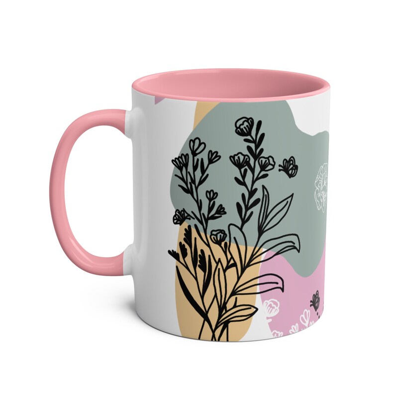 Floral Ceramic Coffee Mug: Pink Handle, Abstract Botanical Design image 2