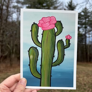 Blooming Cactus Art Print – Desert Botanical Wall Art, Southwestern Home Decor, Boho Illustration with Pink Flower