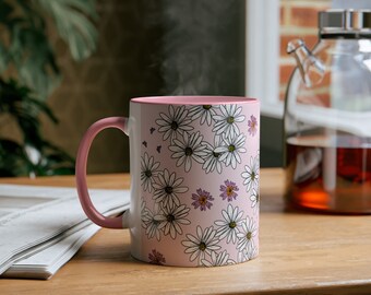 Pink Daisy Butterfly Ceramic Mug, Hand Drawn Floral Cottagecore Drinkware