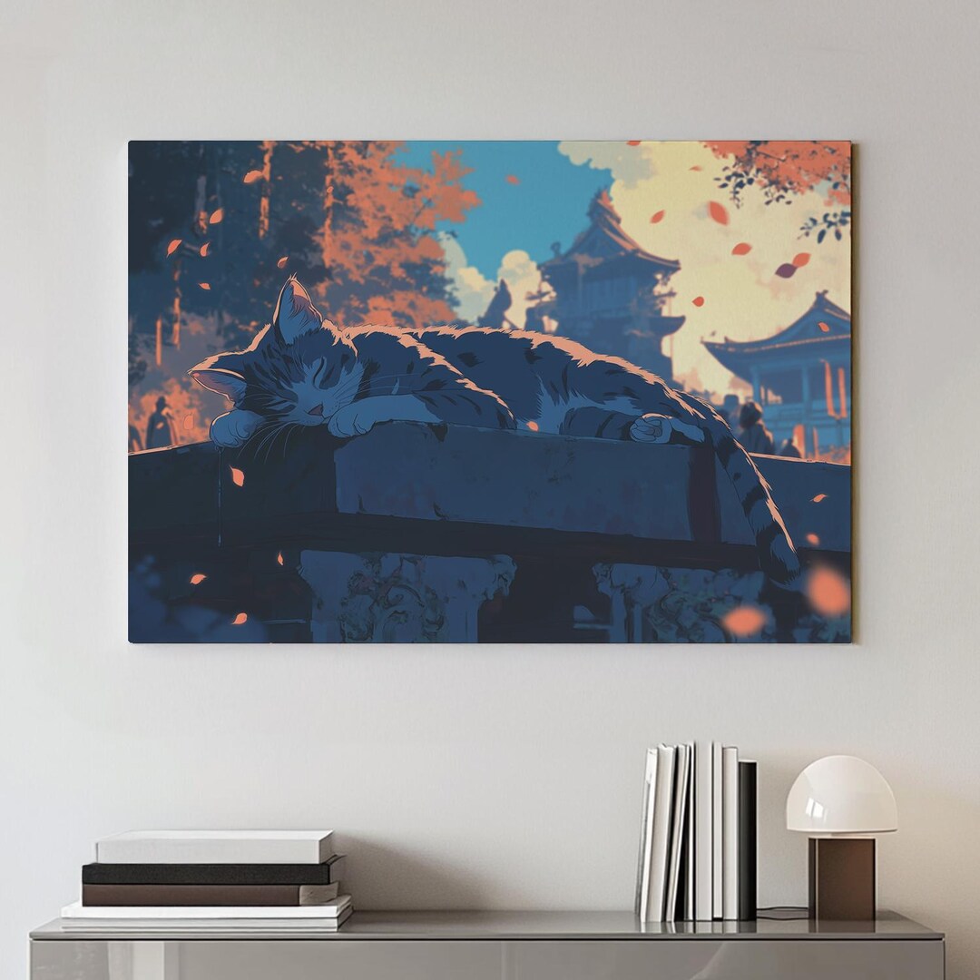 Studio Ghibli Style Tabby Cat Canvas | Sleeping Cat Anime Wall Art ...