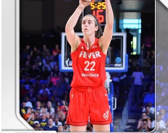May include: A Panini Instant basketball trading card featuring Caitlin Clark in a red Indiana Fever jersey with the number 22, shooting a basketball. The card includes the text September 1, 2024, Panini Instant, and Clark first to post consecutive 25-10 lines.