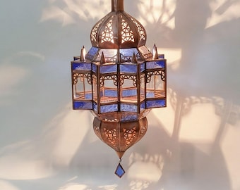 Handmade Moroccan Blue Glass Pendant Light: Copper Hanging Lantern