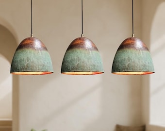 Set of 3 Oxidized Copper Pendant Lights with Green Patina – Farmhouse Ceiling Light Fixtures