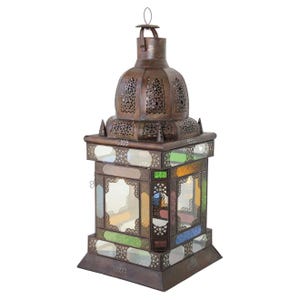 Handcrafter Metal Moroccan Lantern with Rainbow Colored Glass