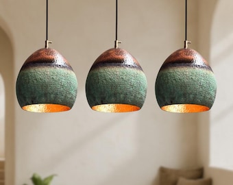Juego de 3 lámparas colgantes de cobre con pátina verde: lámparas de techo rústicas oxidadas hechas a mano