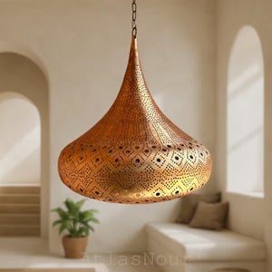 Moroccan Brass Pendant Light – Pierced Teardrop Ceiling Lamp – Handmade Boho Lighting – Modern Rustic Decor – Dining Room Light