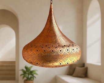 Handmade Moroccan Brass Pendant Light: Pierced Teardrop Boho Lamp