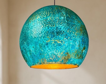 Handmade Moroccan Brass Pendant Lamp with Blue Patina – Unique Boho Lighting for Home Decor