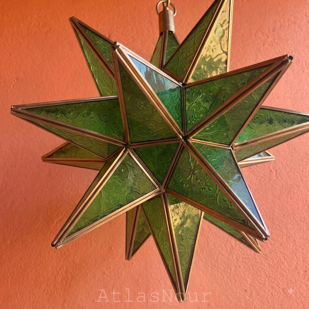 Green Glass Moravian Star Brass Lantern: Handmade