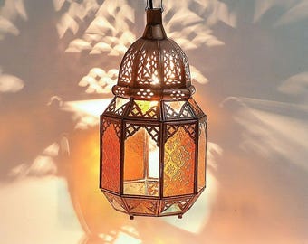 Moroccan Amber Glass Pendant Light - Handcrafted Galvanized Copper Hanging Lamp