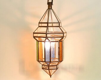 Minimalist Moroccan Fes Glass Lantern - Handcrafted Copper Lamp with Subtle Color Accents