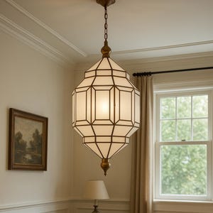 Handcrafted Moroccan Geometric Ceiling Light – Brass and Milk Glass, Honeycomb Pattern, Customizable Sizes & Finishes