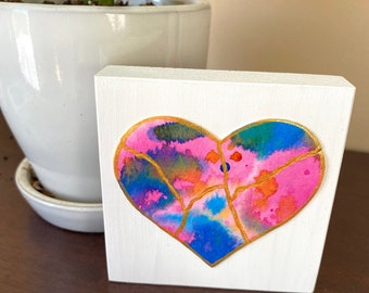 Rainbow Pride Kintsugi Mended Heart mini shelf art inspirational painting on wood block