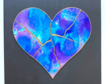 Kintsugi Mended Heart painting - original art, watercolor heart mounted on 6 x 6 wood background, KMH- 160