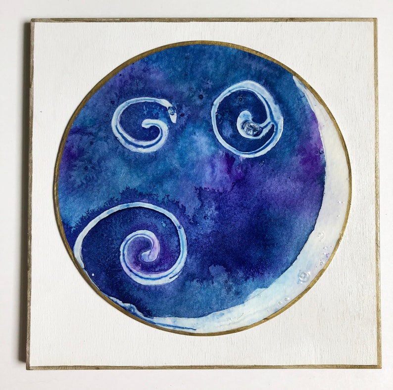 hand painted moon mounted on 6 x 6 wood background original art Moon painting MP-405