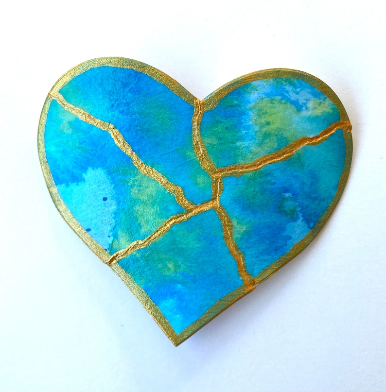 Kintsugi Mended Heart Ornament Magnet, one of a kind original painting Sea