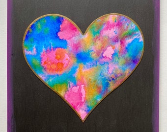 Heart painting - original art, watercolor heart mounted on 6 x 6 wood background, HP-52