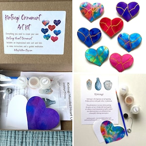 Puede incluir: Kit de arte para adorno de corazón reparado con Kintsugi. Este kit incluye todo lo que necesitas para crear tu propio adorno de corazón Kintsugi. El kit incluye un adorno en forma de corazón, pegamento, brillo e instrucciones. El kit también incluye una tarjeta de felicitación inspiradora y enlaces a instrucciones en video y una meditación guiada. Este kit es una excelente manera de aprender sobre el arte japonés del Kintsugi, que es el arte de reparar la cerámica rota con oro, plata o platino.