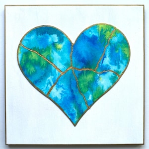 Pintura Kintsugi Mended Heart - arte original, coração aquarela montado em fundo de madeira 6 x 6, KMH- 161
