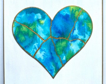 Kintsugi Mended Heart painting - original art, watercolor heart mounted on 6 x 6 wood background, KMH- 161