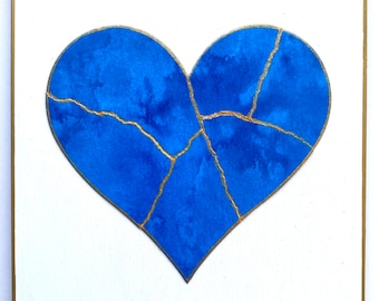 Kintsugi Mended Heart painting - original art, watercolor heart mounted on 6 x 6 wood background, KMH- 156
