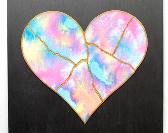 Kintsugi Mended Heart painting - original art, watercolor heart mounted on 6 x 6 wood background, KMH- 159