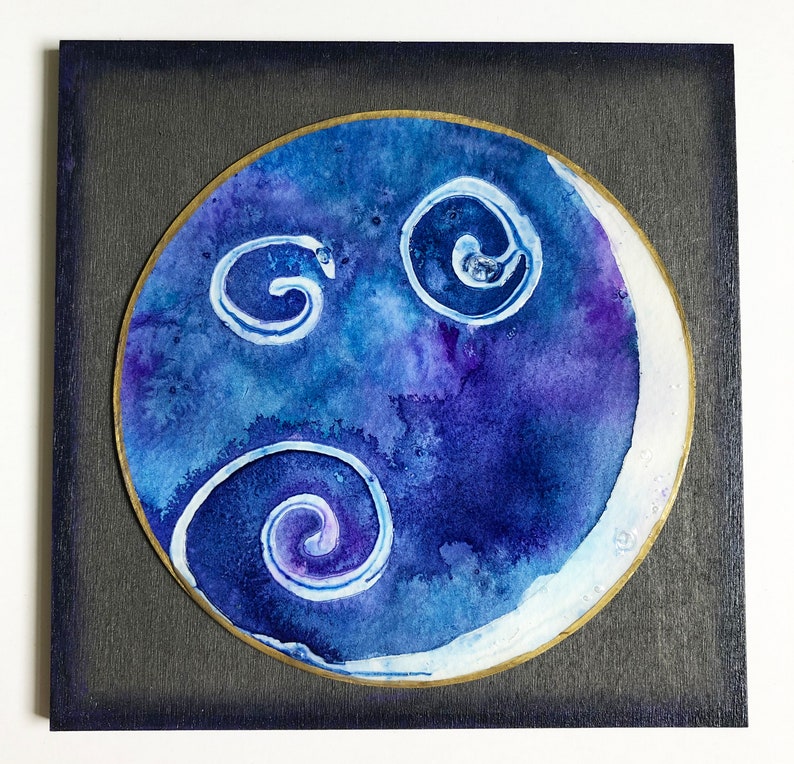 hand painted moon mounted on 6 x 6 wood background original art Moon painting MP-405