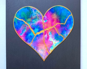 Kintsugi Mended Heart painting - original art, watercolor heart mounted on 6 x 6 wood background, KMH- 151