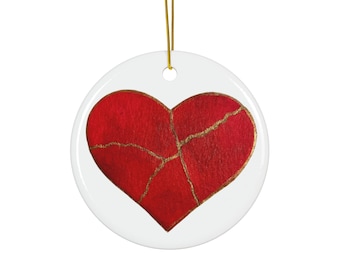 Kintsugi Lagat Hjärta Julgransprydnad – Handmålad Design | Symbol för Förvandling & Läkning - Röd