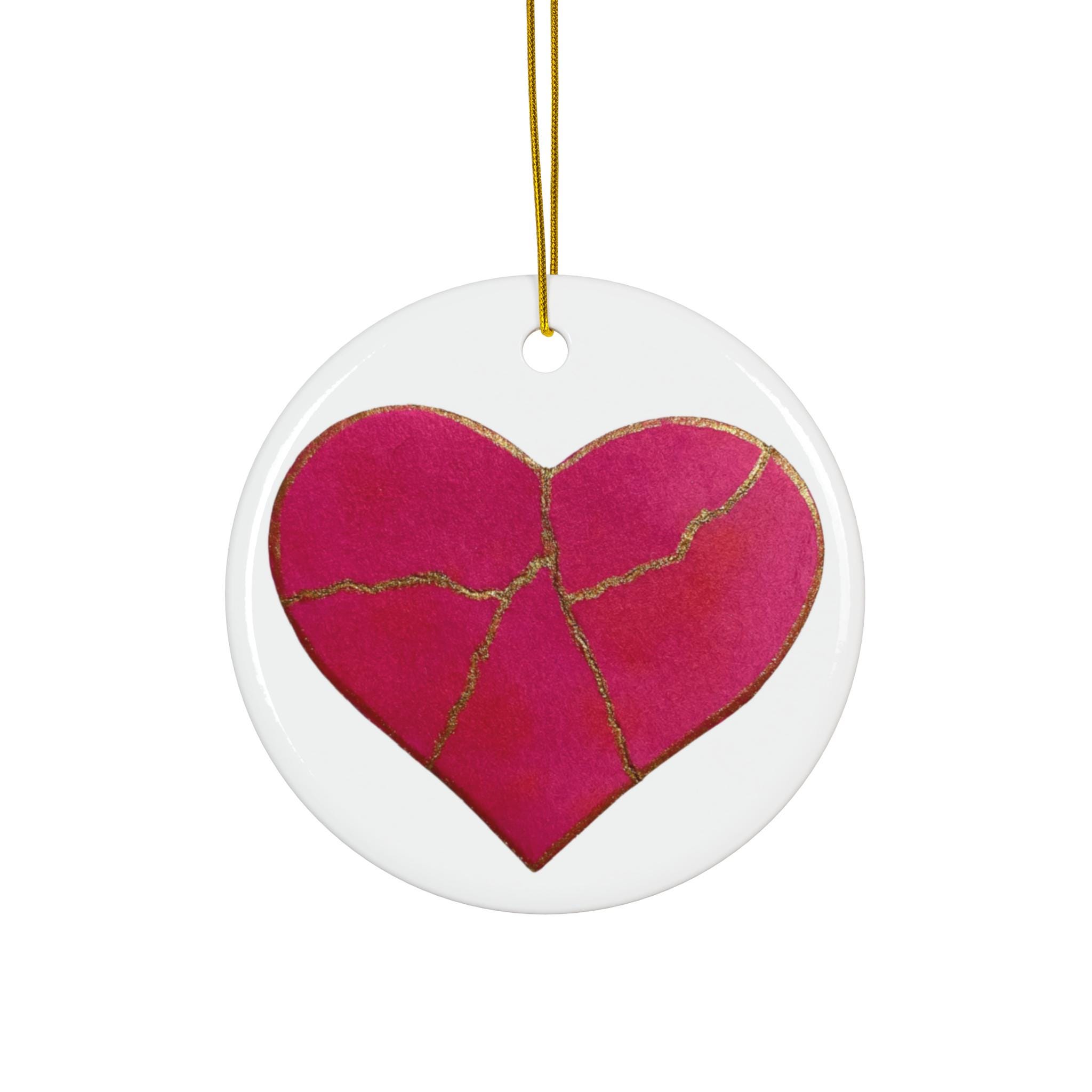 Kintsugi Mended Heart Christmas Ornament – Hand-Painted Design | Symbol of Transformation & Healing - Pink
