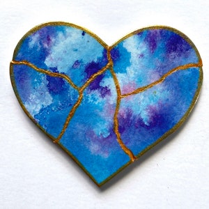 Kintsugi Mended Heart Ornament Magnet, one of a kind original painting Sky