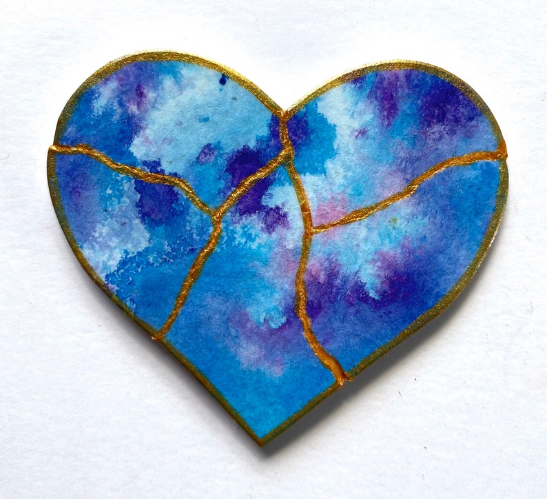 Kintsugi Mended Heart Ornament Magnet, one of a kind original painting Sky