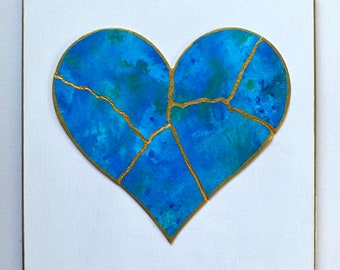 Kintsugi Mended Heart painting - original art, watercolor heart mounted on 6 x 6 wood background, KMH- 146