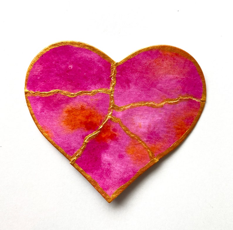 Kintsugi Mended Heart Ornament Magnet, one of a kind original painting Pink