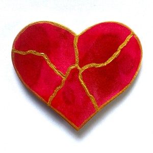 Kintsugi Mended Heart Ornament Magnet, one of a kind original painting Red