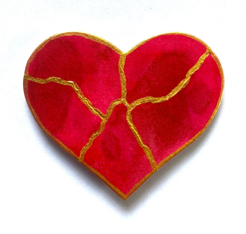 Kintsugi Mended Heart Ornament Magnet, one of a kind original painting Red