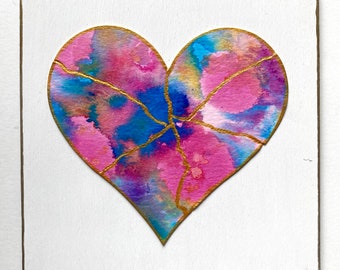Kintsugi Mended Heart painting - original art, watercolor heart mounted on 6 x 6 wood background, KMH- 152
