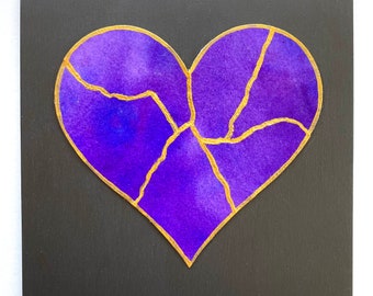 Kintsugi Mended Heart painting - original art, watercolor heart mounted on 6 x 6 wood background, KMH- 137