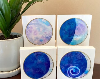 Moon Phase inspirational painting on wood block shelf art- white