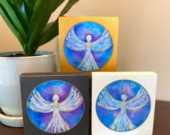 Guardian Angel mini shelf art inspirational painting on wood block