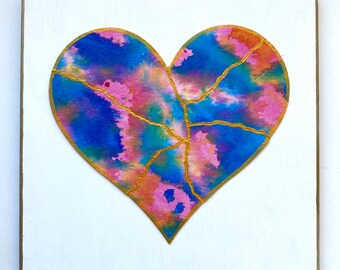 Kintsugi Mended Heart painting - original art, watercolor heart mounted on 6 x 6 wood background, KMH- 158
